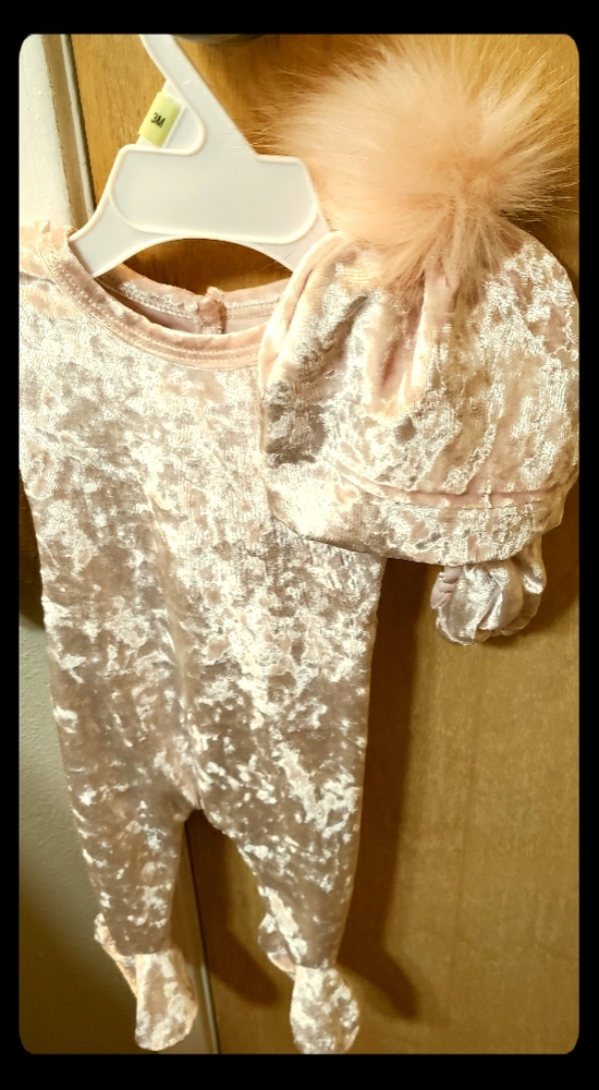 Never worn pink Velour baby footie and pom pom hat